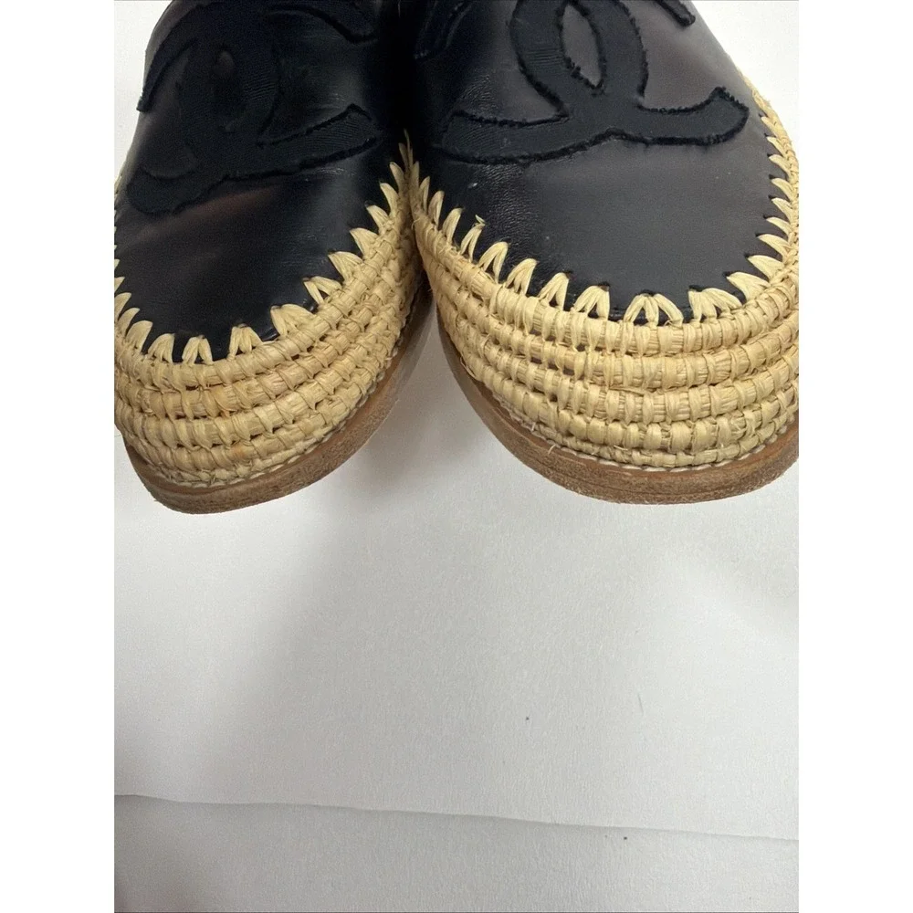 Chanel Black Leather CC Raffia Espadrille Flats Size EU 36 US‎ 6